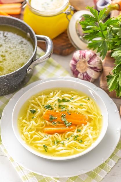 Bouillon de soupe de poulet dans une assiette carotte oignon céleri herbes ail et légumes frais.