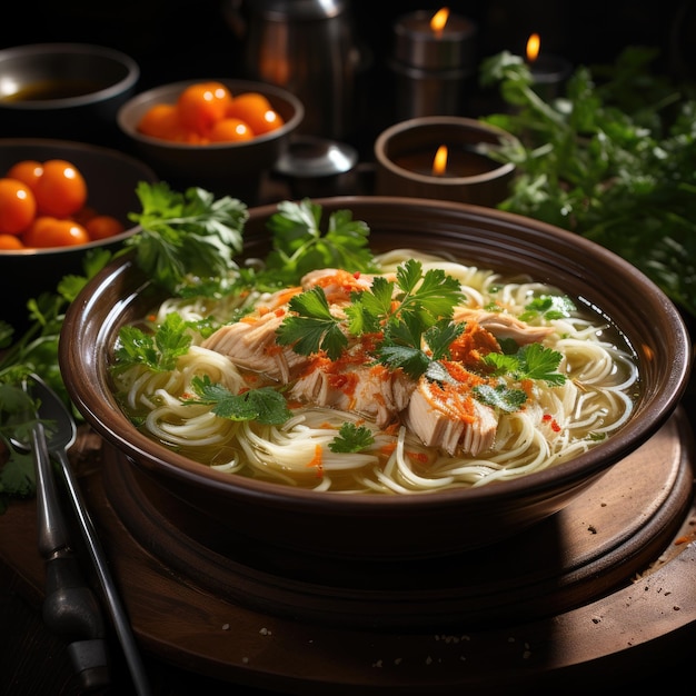 Bouillon avec de la viande de poulet et des légumes verts générés par l'IA