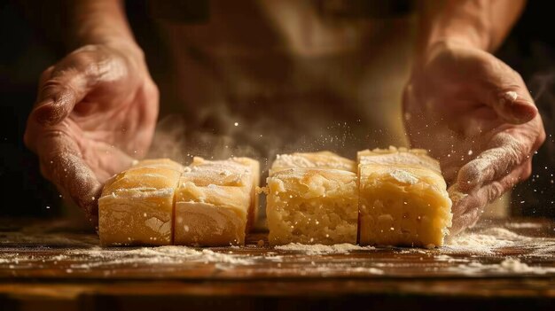 Un boulanger artisan prépare de la pâte à pain fraîche avec de la farine sur un comptoir en bois dans une cuisine de boulangerie rustique