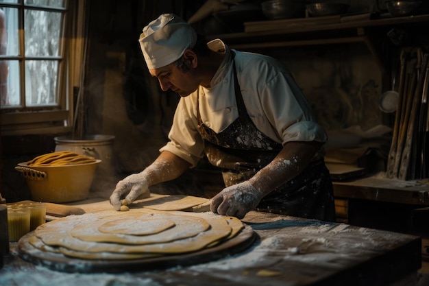 Un boulanger artisanal prépare de la pâte dans une boulangerie rustique