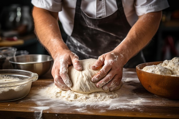 Photo un boulanger cuisinier pétrit de la pâte sur une table en bois