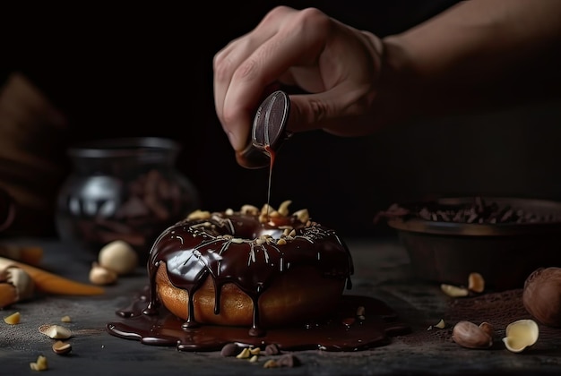 Boulanger dans la cuisine avec un beignet au chocolat cuit sur fond sombre AI générative