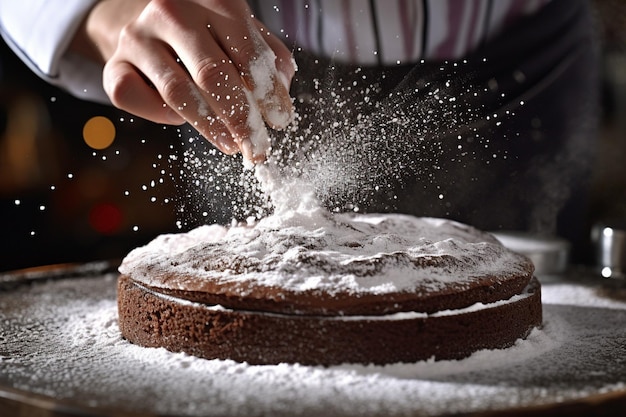 Un boulanger dépoussière du sucre en poudre sur un gâteau au chocolat sans farine
