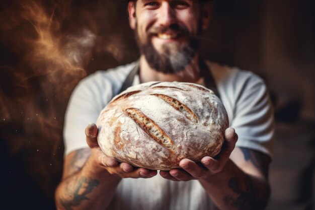 Le boulanger fait au four du pain au levain frais avec de la farine sur la table Génératif Ai