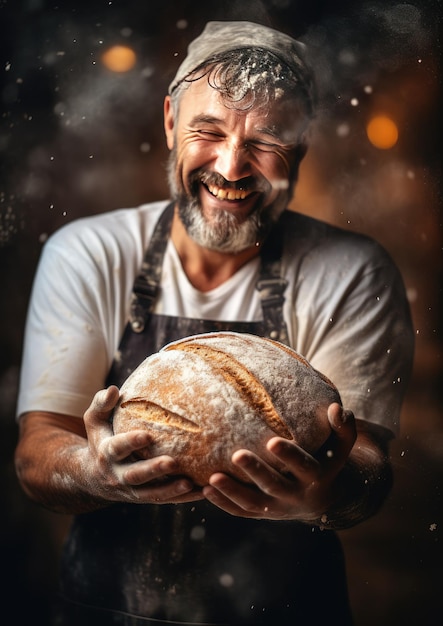 Photo le boulanger fait au four du pain au levain frais avec de la farine sur la table génératif ai