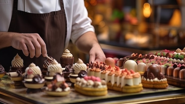 Un boulanger avec des gâteaux décorés dans une confiserie