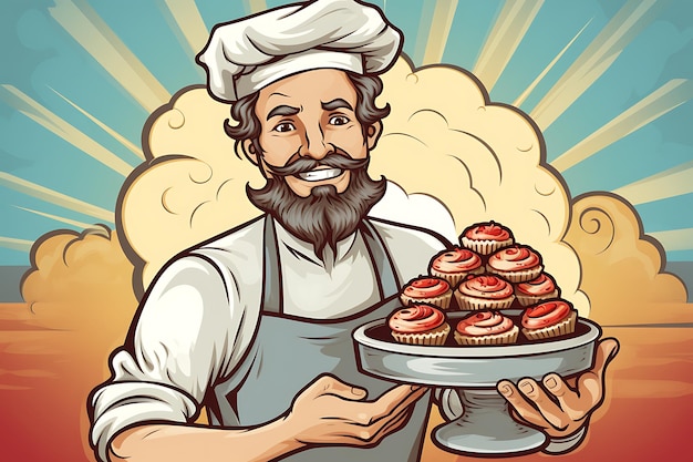 Un boulanger de gâteaux avec une mascotte de dessin animé de pain