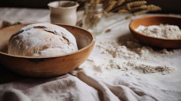 Un boulanger à IA générative prépare du pain ou de la boulangerie dans la cuisine domestique, des pâtisseries écologiquement naturelles.