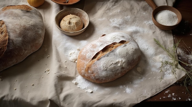 Un boulanger à IA générative prépare du pain ou de la boulangerie dans la cuisine domestique, des pâtisseries écologiquement naturelles.