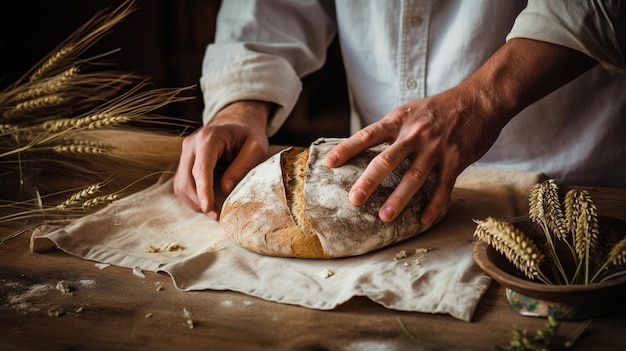 Un boulanger à IA générative prépare du pain ou de la boulangerie dans la cuisine domestique, des pâtisseries écologiquement naturelles.