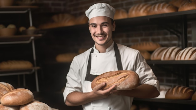 Boulanger mâle souriant tenant du pain cuit Generative AI AIG21