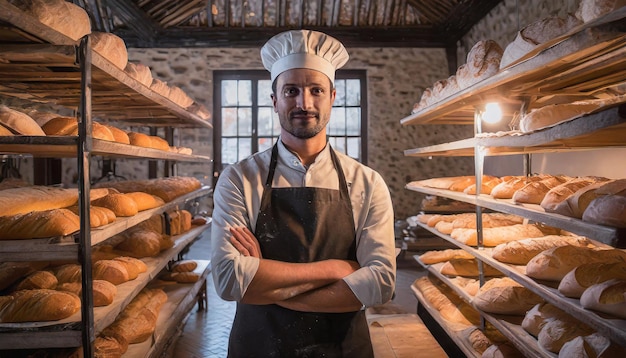 un boulanger posant fièrement dans sa boulangerie