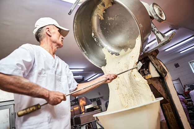 Un boulanger professionnel mélange la pâte avec un pétrin professionnel à l'équipement de fabrication pour la fabrication de produits à base de farine