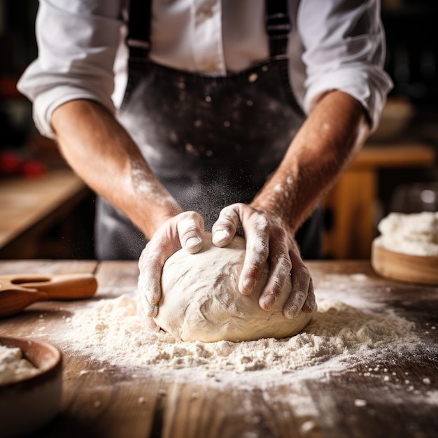 Un boulanger professionnel pétrit la pâte pour du pain frais dans sa propre boulangerie Generative AI