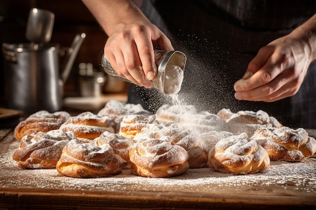 Photo un boulanger sautant du sucre de merara sur des pâtisseries danoises