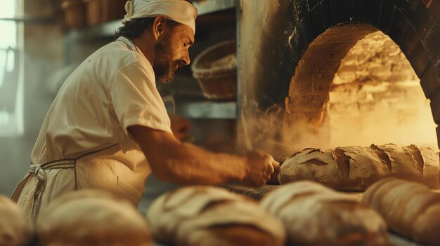 Photo un boulanger sort soigneusement du four du pain fraîchement cuit propriétaire d'une petite entreprise concept de boulangerie