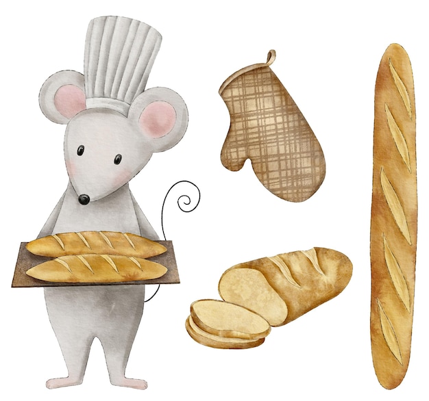 Boulanger de souris mignon aquarelle tenant un plateau avec des produits de boulangerie baguettes gant de four