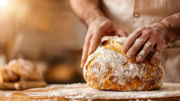 Boulanger tenant du pain fraîchement cuit avec des mains poussiéreuses de farine