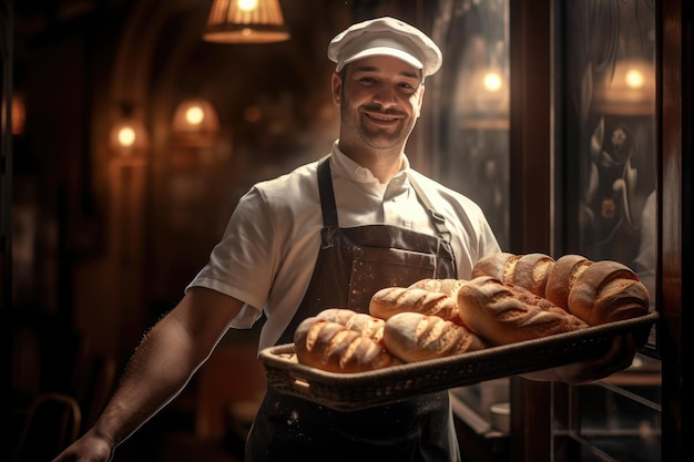 Boulanger tenant un plateau plein de pains à l'intérieur d'une boulangerie