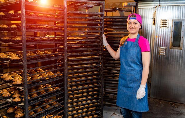 Le boulanger tient du pain chaud sur le fond des étagères avec du pain dans la boulangerie. Fabrication de pain industriel