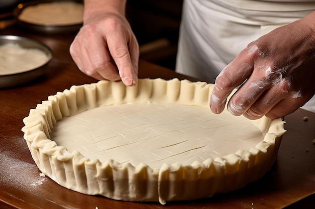 Un boulanger utilisant un moule de croûte de tarte pour créer des croûtes de tarte uniformes.