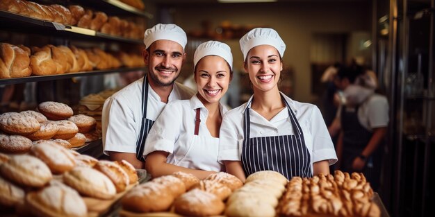 Une boulangeresse sourit à ses collègues dans une boulangerie