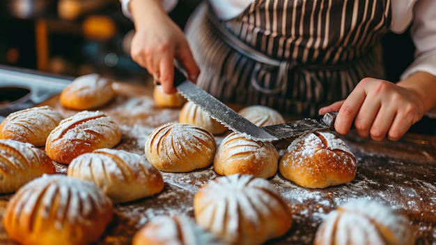 une boulangerette coupe des motifs sur des pains crues avec un couteau de boulangerie professionnel avant de cuisiner des pâtisseries en gros plan