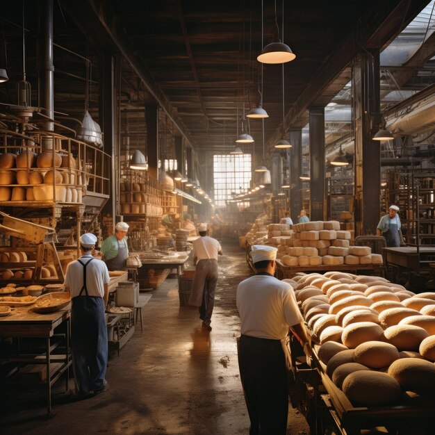 boulangerie animée avec des boulangers dans des tabliers blancs et des chapeaux se déplaçant autour des étagères de pain et de pâtisseries