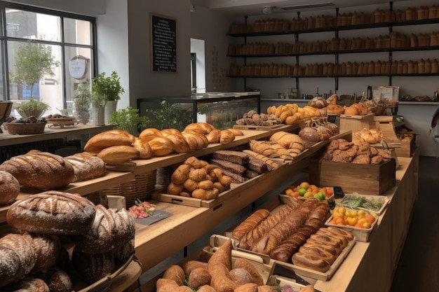 Boulangerie artisanale avec des rangées de pains et de pâtisseries fraîchement cuits créés avec l'IA générative