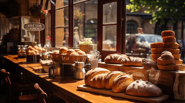 Boulangerie et café rustiques en plein air avec des pâtisseries chaudes et des tables pour les clients Pain fait à la main