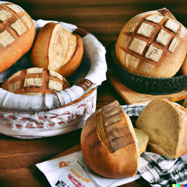 Boulangerie avec différents types de pain fraîchement cuit Petits pains baguette bagel pain sucré et croissant Représentation 3D en gros plan