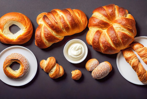 Boulangerie divers types de pain. Petits pains, baguette, bagel, brioche et croissant.