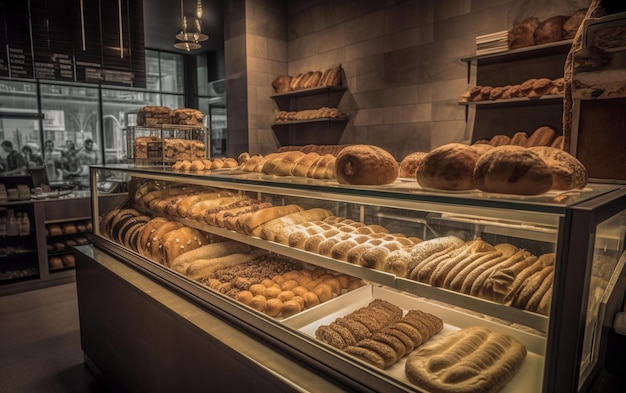 Boulangerie avec du pain et des pâtisseries exposées