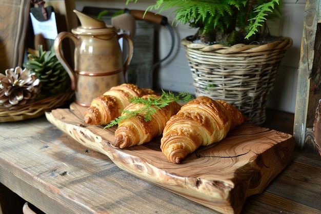 Une boulangerie française prépare des croissants sur un plateau en bois naturel