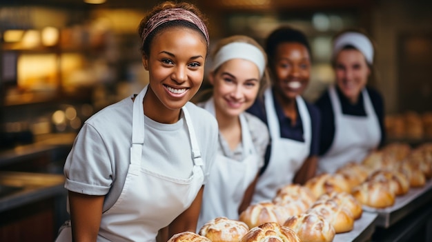 Les boulangers sourient en s'adressant à la caméra Une équipe de cuisiniers professionnels en uniforme prépare la nourriture pour un restaurant dans la cuisine