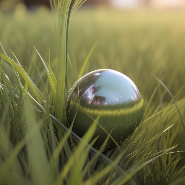 Une boule d'argent se trouve dans l'herbe devant un fond vert.