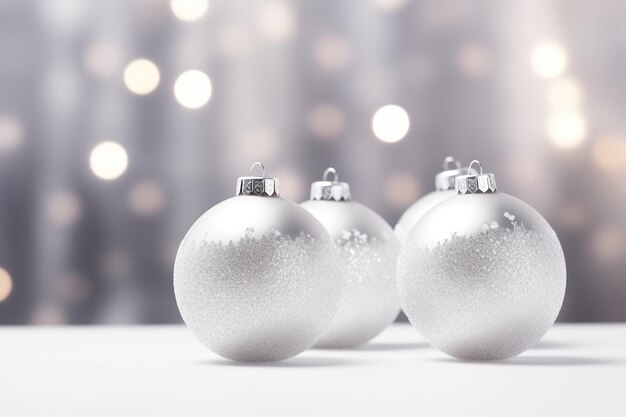 Photo boule blanche d'arbre de verre de noël sur un fond enneigé