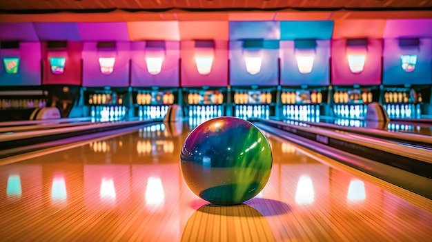 Boule de bowling colorée sur une piste dans un centre de bowling réalisée avec l'IA générative