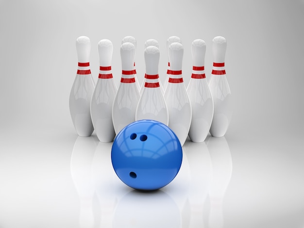 Photo boule de bowling de rendu 3d et épingles sur fond blanc