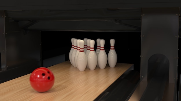 Boule de bowling rouge sur une piste en bois avec des épingles