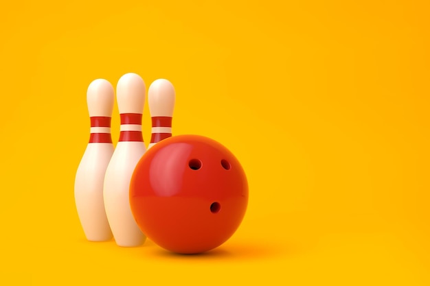 Photo boule de bowling rouge et quilles blanches isolées sur fond jaune jeu réaliste rendu 3d