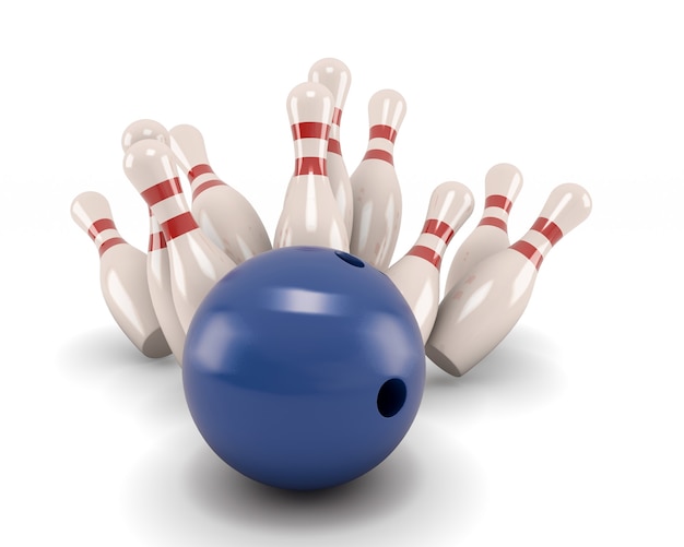 Boule de bowling s'écraser sur les broches isoler illustration 3d