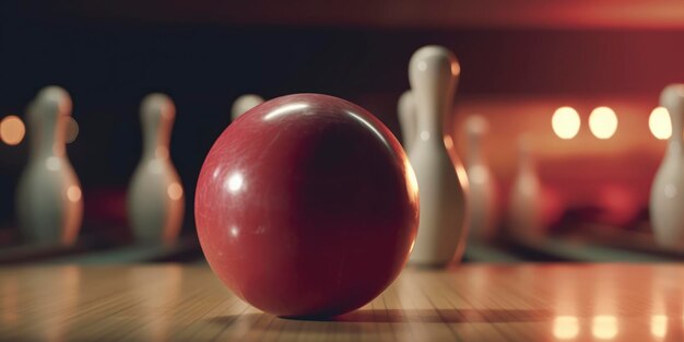 Une boule de bowling se trouve devant un bowling.