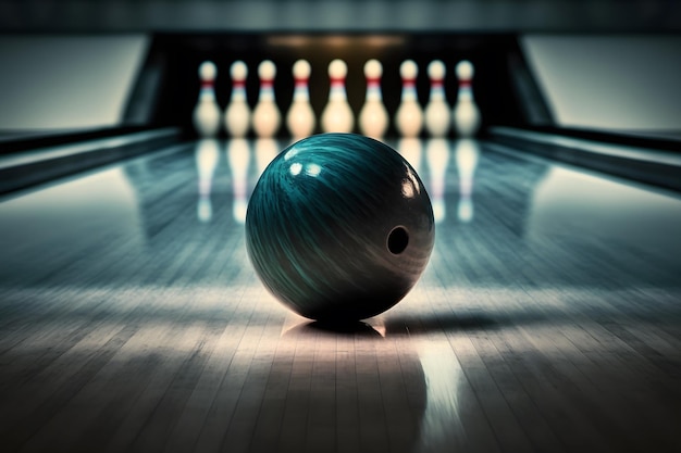 La boule de bowling se trouve sur la position de départ de la voie pour le jeu de bowling dans le club Art généré par le réseau neuronal