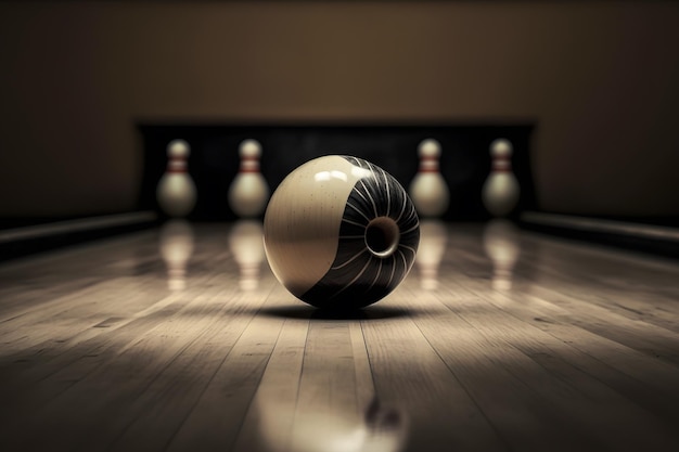 La boule de bowling se trouve sur la position de départ de la voie pour le jeu de bowling dans le club Art généré par le réseau neuronal