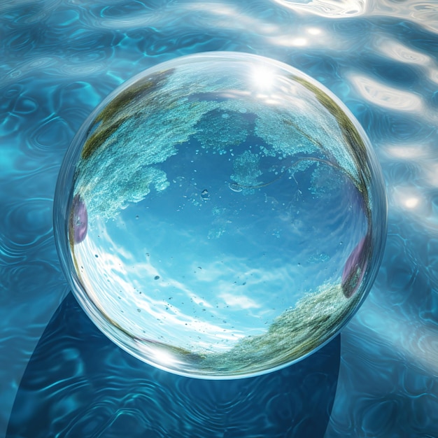 Une boule claire est dans l'eau avec le ciel et les nuages dedans.