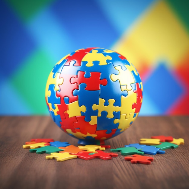 Une boule colorée est posée sur une table en bois avec une pièce de puzzle bleue et rouge au centre.