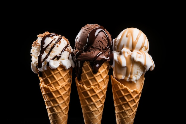 Boule de crème glacée sur cône de gaufre isolé sur fond noir