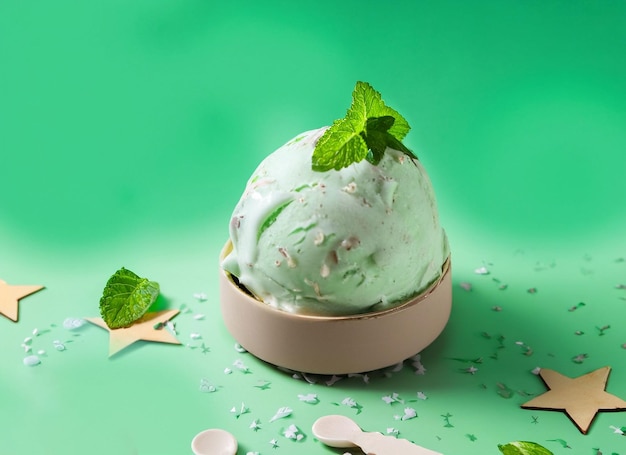 Boule de crème glacée fraîche et savoureuse à la menthe sur fond blanc et vert lune et étoiles