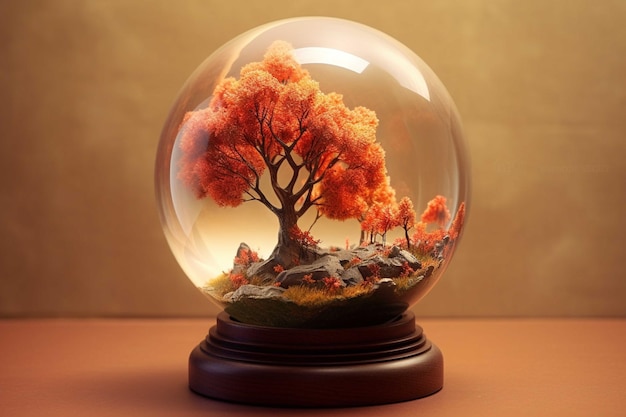 Boule de cristal avec un arbre à l'intérieur sur fond marron rendu 3d